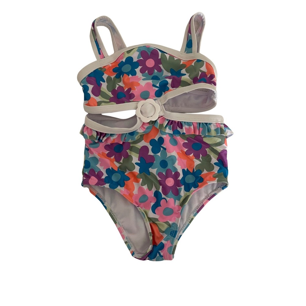 Nicole‎ Miller Floral One Piece Swimsuit Ruffle Trim Cut Out Girls Size 5 New